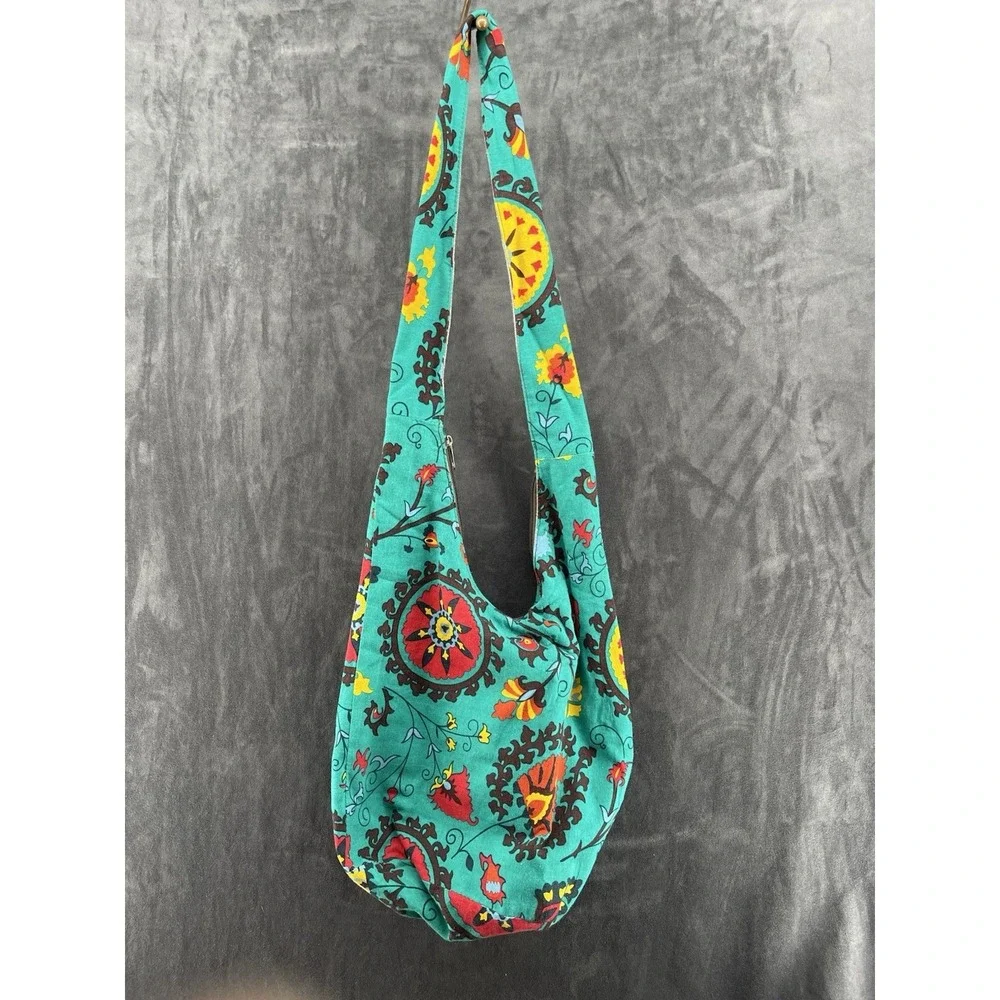Boho Floral Cotton Sling Crossbody Hobo Bag Teal Hippie Festival Zip Purse